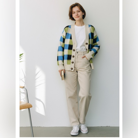 FRNCH Vanilla Blue Green Checked Cardigan Women’s Size L - Picture 7 of 9